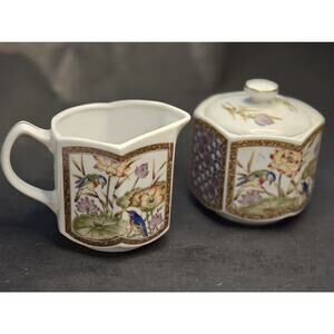 Royal Orleans Japan Vintage Cream And Sugar Blue Birds Floral Garden Scene